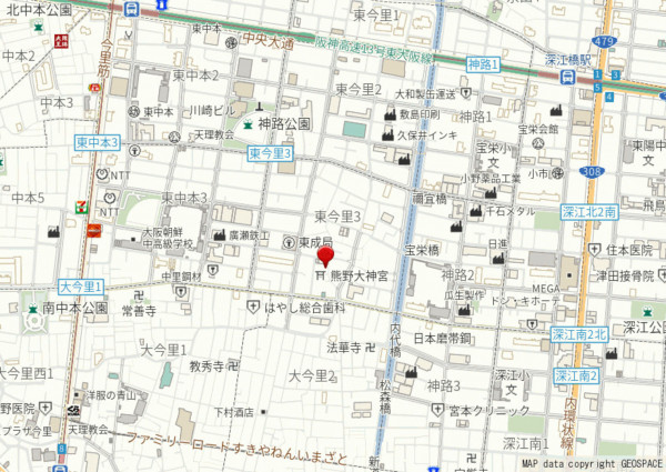 大阪市東成区東今里、中古一戸建ての地図画像です