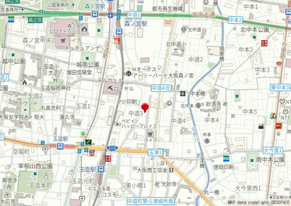 大阪市東成区中道、マンションの地図画像です
