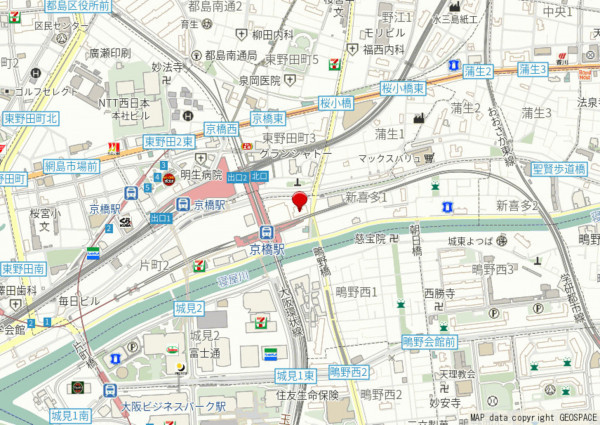 大阪市城東区新喜多、マンションの地図画像です