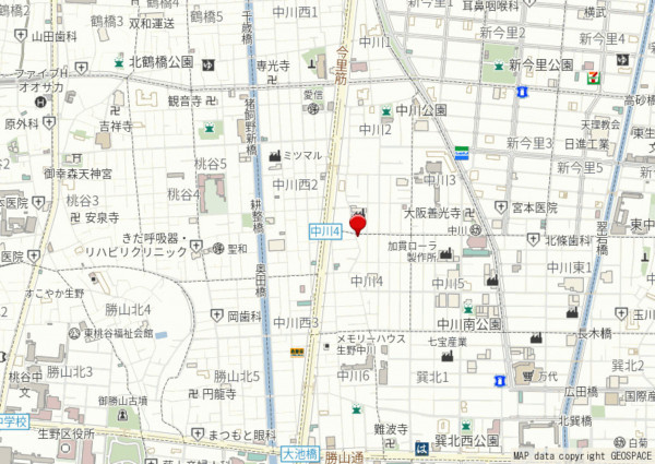 大阪市生野区中川、新築一戸建ての地図画像です