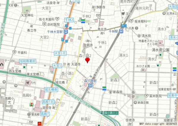 大阪市旭区森小路、中古一戸建ての地図画像です