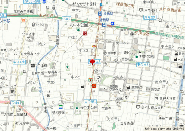 大阪市東成区中本、マンションの地図画像です