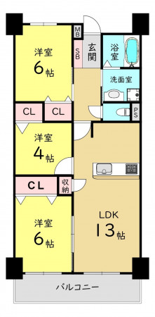 大阪市鶴見区緑、マンションの間取り画像です