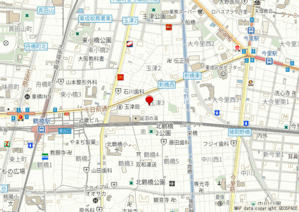 大阪市東成区玉津、中古一戸建ての地図画像です