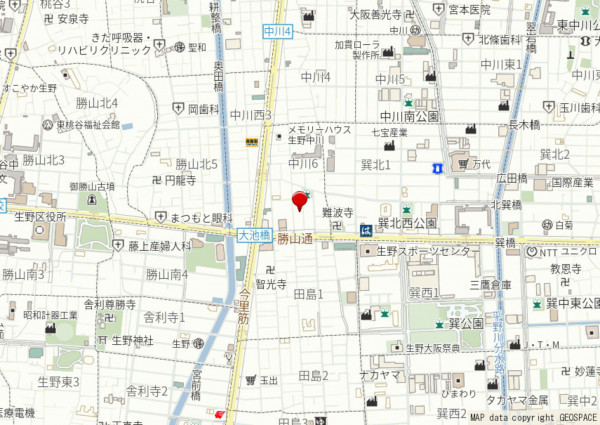 大阪市生野区中川、中古一戸建ての地図画像です