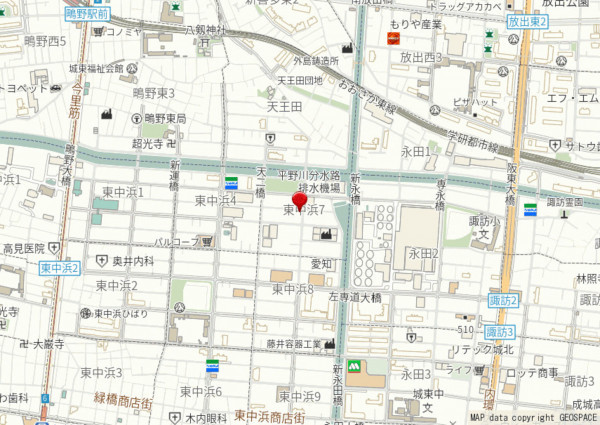 大阪市城東区東中浜、中古一戸建ての地図画像です