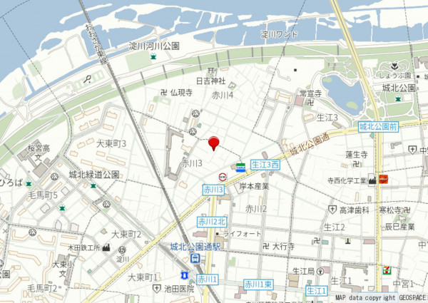 大阪市旭区赤川、中古一戸建ての地図画像です