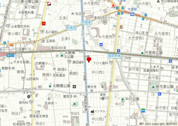 大阪市生野区中川西、中古一戸建ての地図画像です