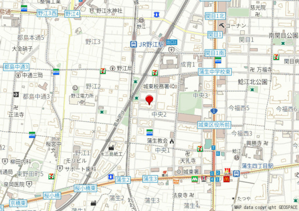 大阪市城東区中央、マンションの地図画像です