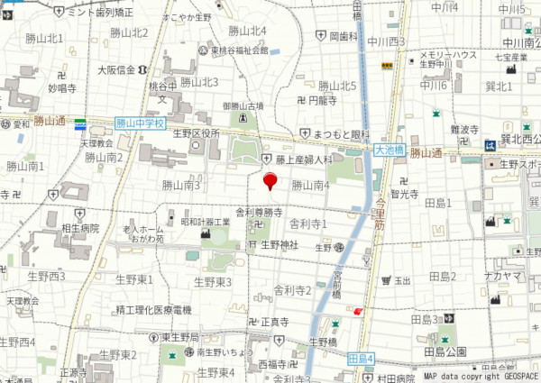 大阪市生野区勝山南、中古一戸建ての地図画像です