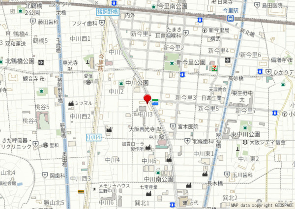 大阪市生野区中川、マンションの地図画像です