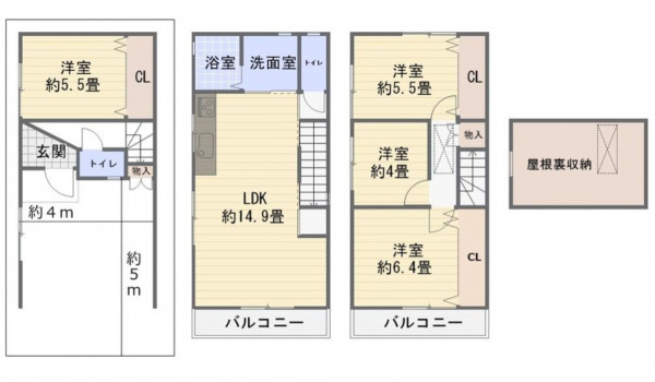 大阪市城東区新喜多東、中古一戸建ての間取り画像です