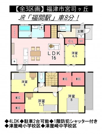 福津市宮司ヶ丘、新築一戸建ての間取り画像です