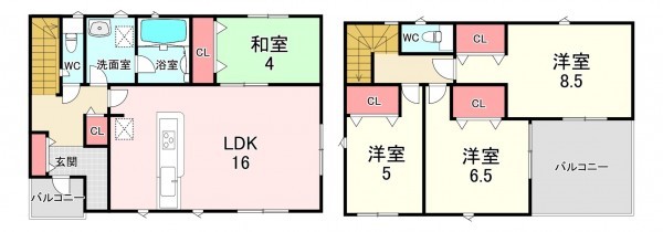 古賀市花鶴丘、新築一戸建ての間取り画像です