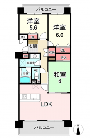 福津市中央、マンションの間取り画像です