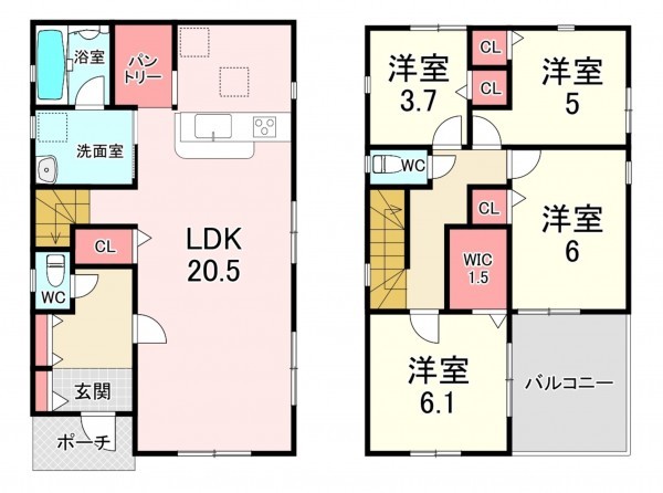 福津市花見が浜、新築一戸建ての間取り画像です