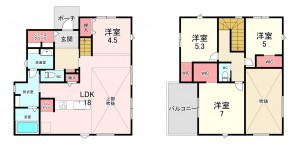 福津市内殿、新築一戸建ての間取り画像です