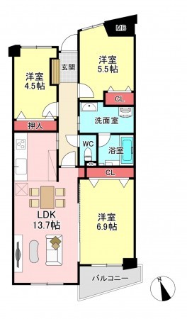 福岡市南区、マンションの間取り画像です