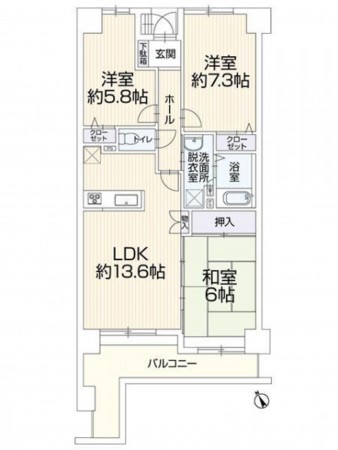 福岡市東区奈多、マンションの間取り画像です