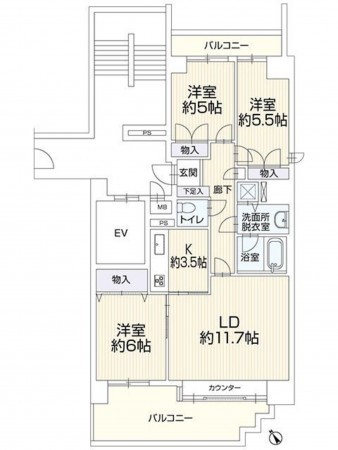 福岡市東区香椎浜、マンションの間取り画像です