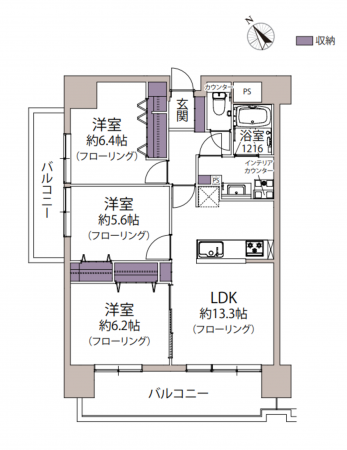 福岡市東区松田、マンションの間取り画像です