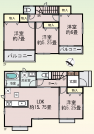 桶川市、新築一戸建ての間取り画像です