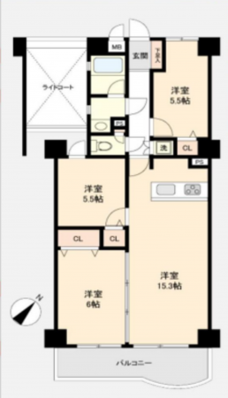 北本市二ツ家、マンションの間取り画像です