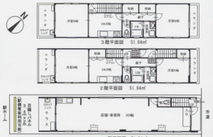 桶川市寿、収益物件/店舗付住宅の間取り画像です