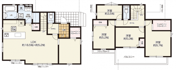 桶川市鴨川、新築一戸建ての間取り画像です