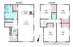 桶川市鴨川、新築一戸建ての間取り画像です