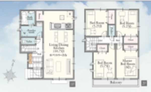 桶川市鴨川、新築一戸建ての間取り画像です