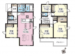 桶川市南、新築一戸建ての間取り画像です