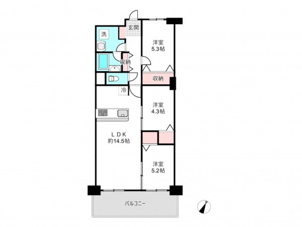 北本市二ツ家、マンションの間取り画像です