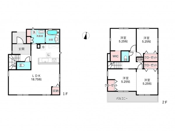 桶川市鴨川、新築一戸建ての間取り画像です