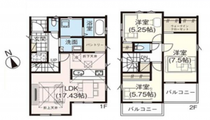 桶川市鴨川、新築一戸建ての間取り画像です
