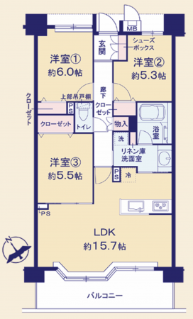流山市向小金、マンションの間取り画像です