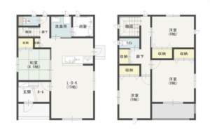 福山市新市町大字宮内、新築一戸建ての間取り画像です