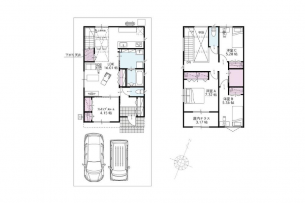 福山市春日町、新築一戸建ての間取り画像です