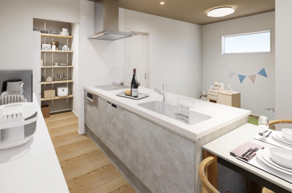 福山市春日町、新築一戸建てのキッチン画像です