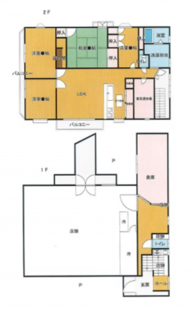 福山市幕山台、収益物件/店舗付住宅の間取り画像です