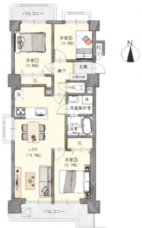 名古屋市守山区苗代、マンションの間取り画像です