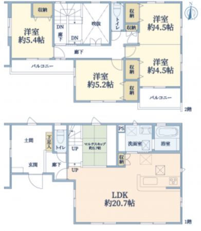 仙台市若林区沖野、新築一戸建ての間取り画像です