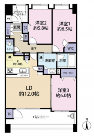 仙台市若林区中倉、マンションの間取り画像です