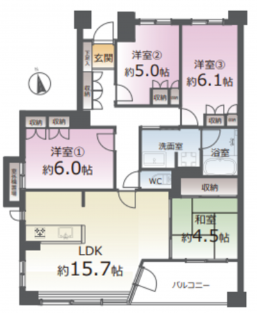 仙台市若林区南小泉、マンションの間取り画像です