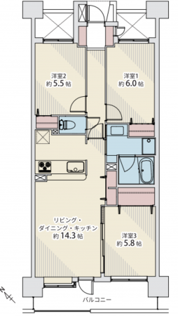 仙台市若林区石名坂、マンションの間取り画像です