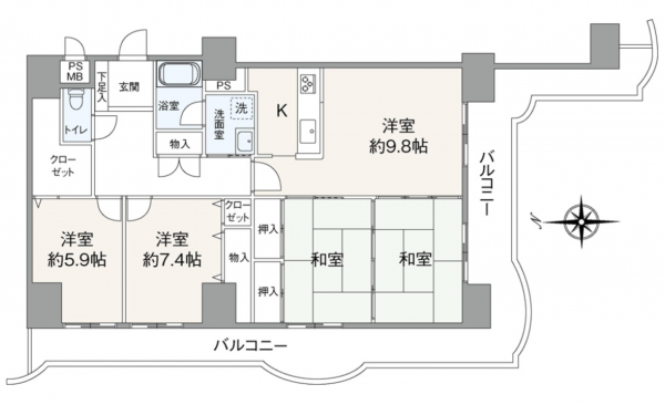 仙台市若林区中倉、マンションの間取り画像です