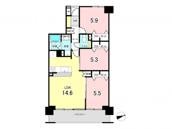 仙台市若林区若林、マンションの間取り画像です