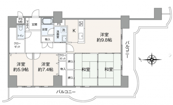 仙台市若林区中倉、マンションの間取り画像です