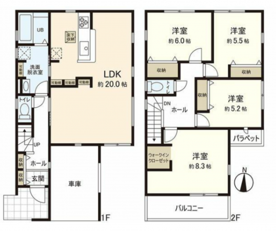 仙台市若林区沖野、新築一戸建ての間取り画像です