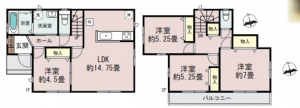 仙台市若林区沖野、新築一戸建ての間取り画像です